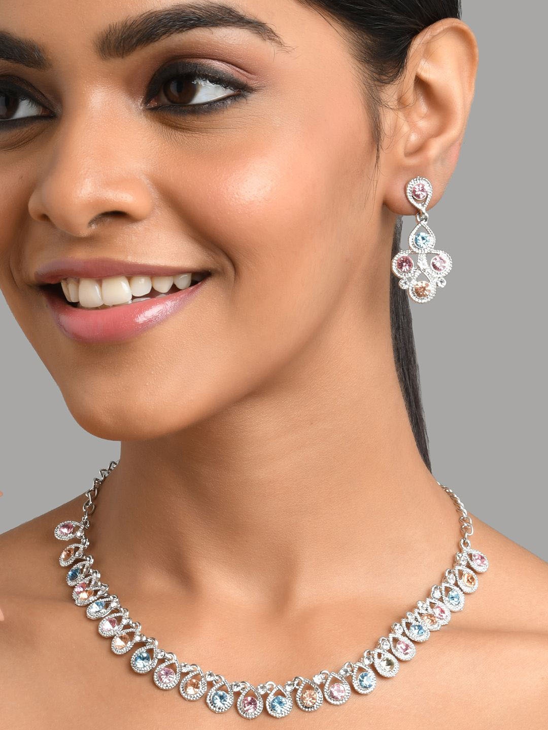 

Fida Rhodium-Plated AD Studded Jewellery Set, Silver