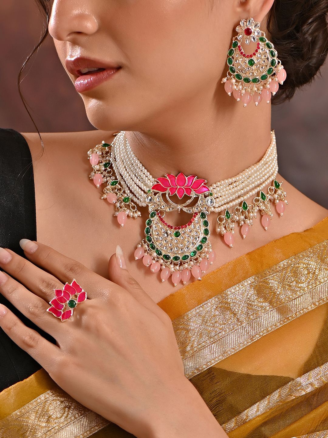 

Fida Gold-Plated Stones Studded & Pearls Beaded Jewellery Set