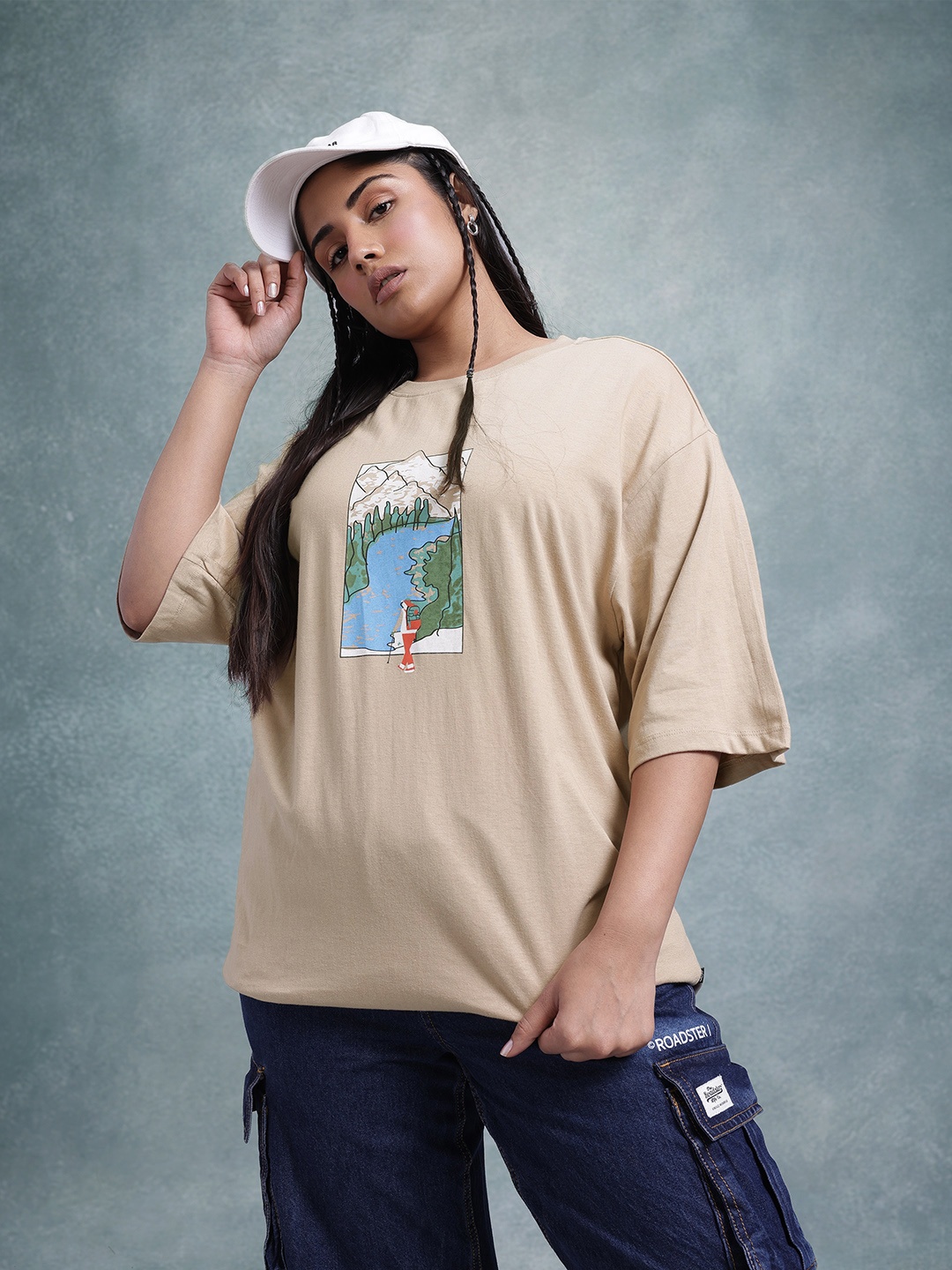 

The Roadster Life Co. Plus Size Printed Pure Cotton Relaxed Fit T-shirt, Beige