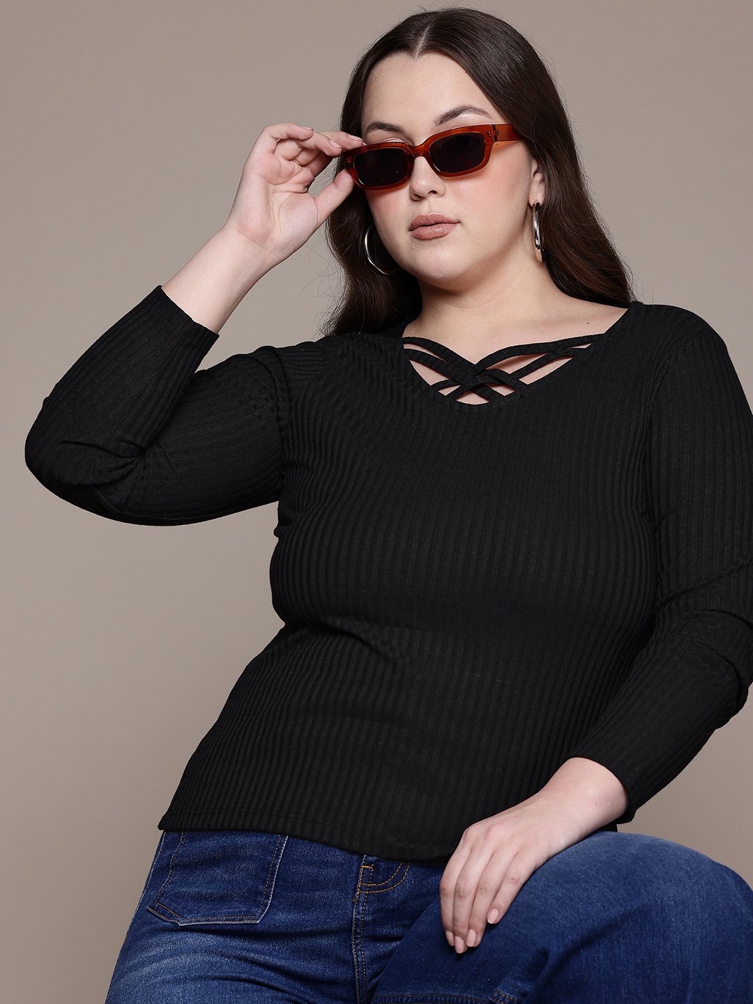 

The Roadster Lifestyle Co. Plus Size Criss-Cross Lace-Up Ribbed T-shirt, Black
