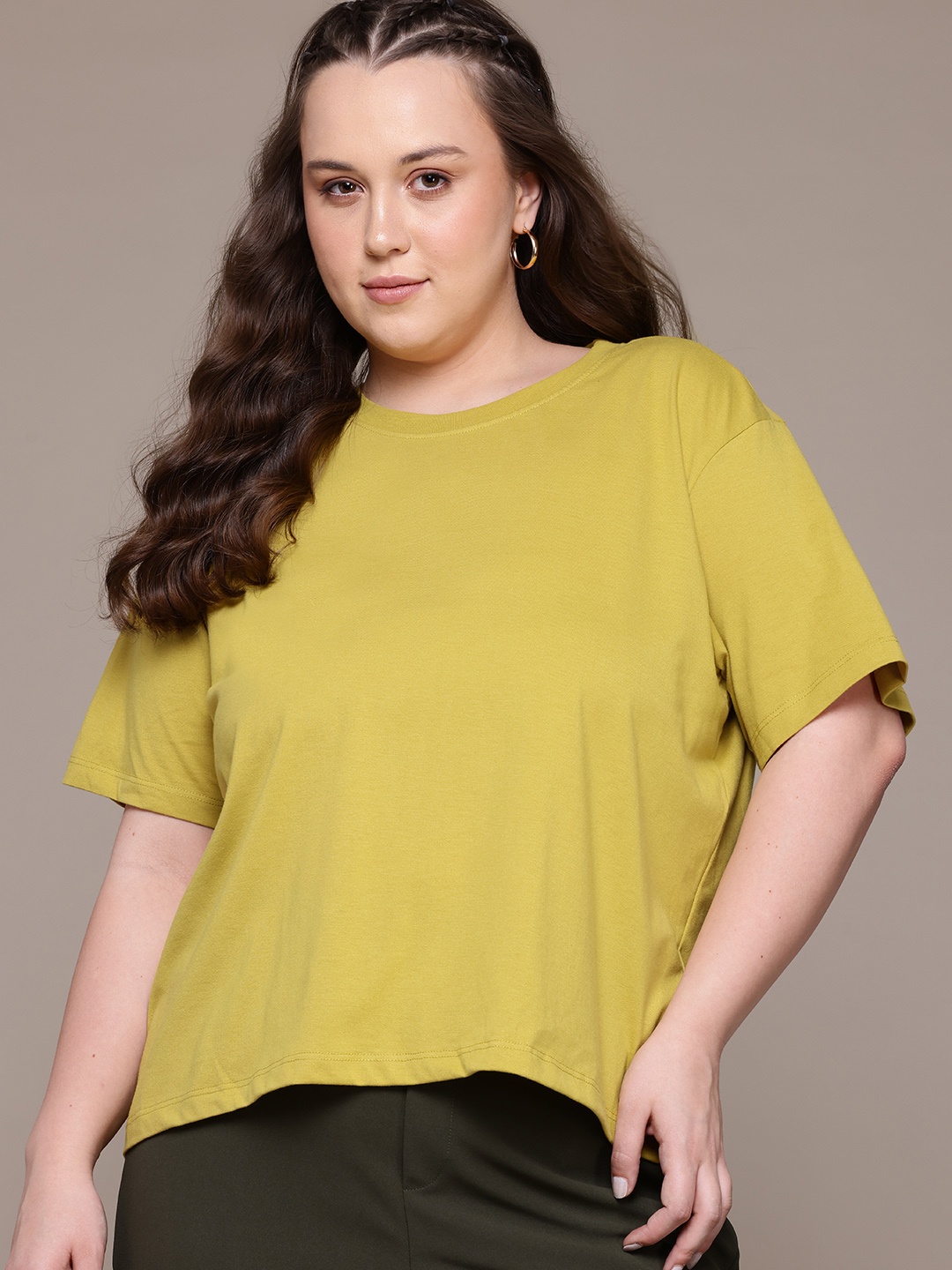 

The Roadster Life Co. Plus Size Drop-Shoulder Sleeves Relaxed Fit T-shirt, Lime green