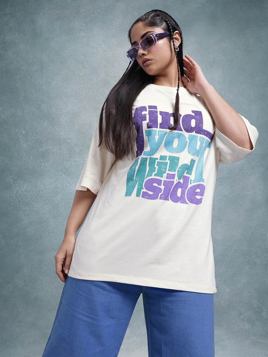 The Roadster Lifestyle Co. Plus Size Pure Cotton Printed Oversized T-shirt, Off white