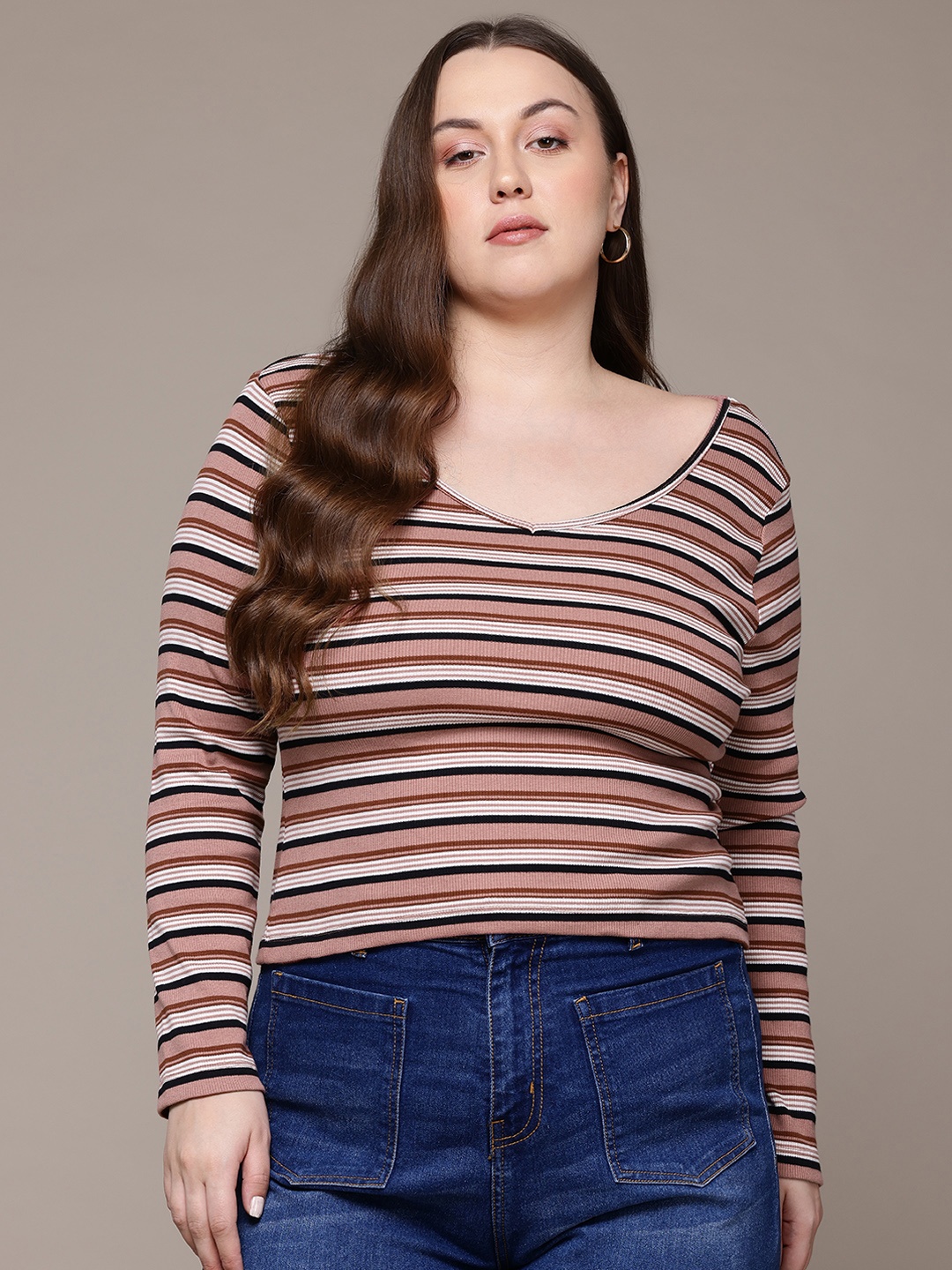 

The Roadster Lifestyle Co. Plus Size Striped V-Neck T-shirt, Rose