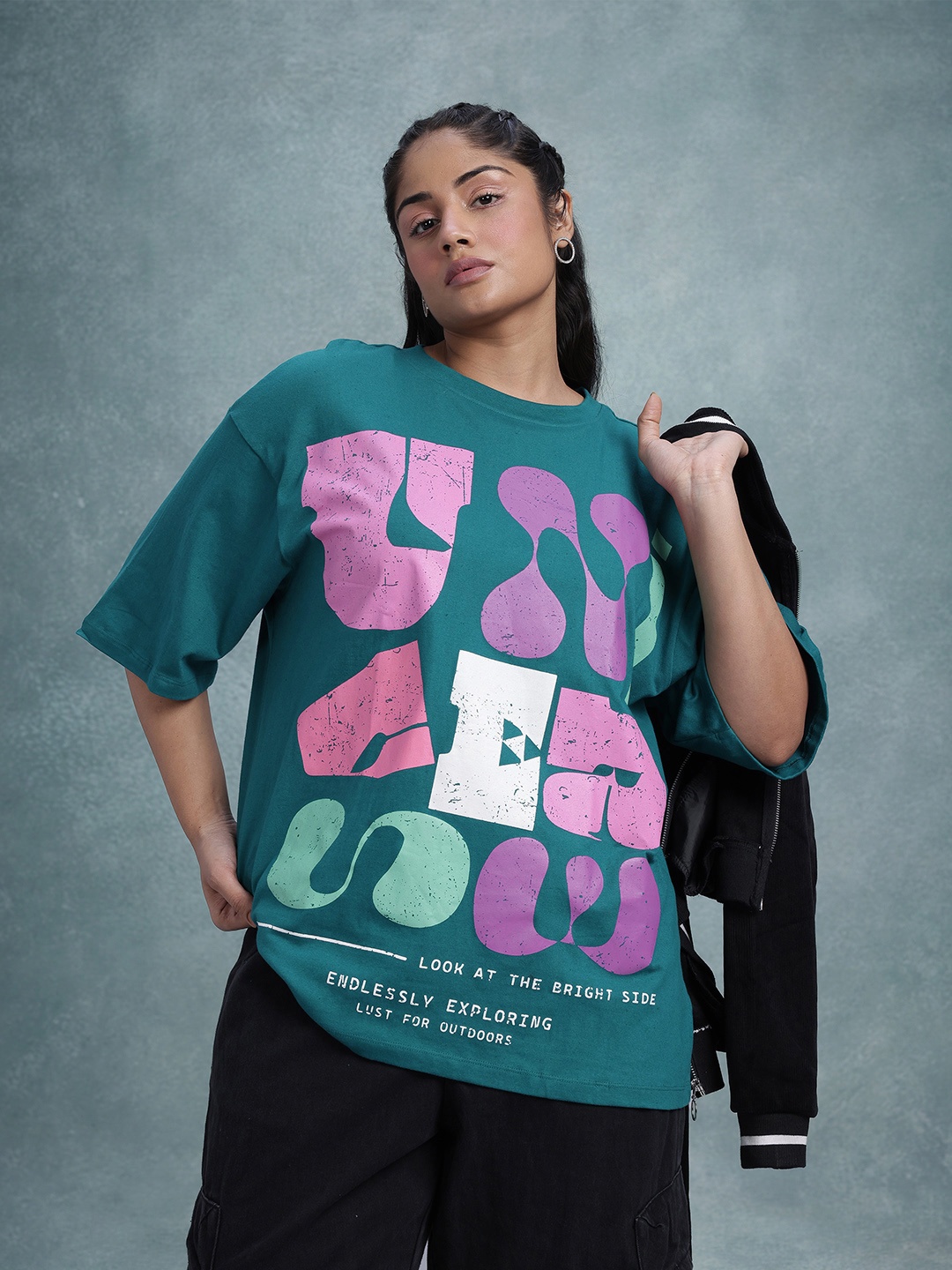 

The Roadster Life Co. Plus Size Typography Print Drop-Shoulder Oversized Cotton T-shirt, Teal