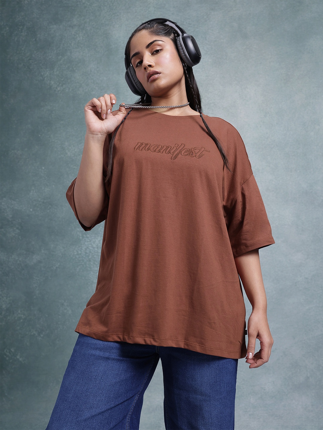 

The Roadster Lifestyle Co. Plus Size Embroidered Pure Cotton Oversized T-shirt, Rust