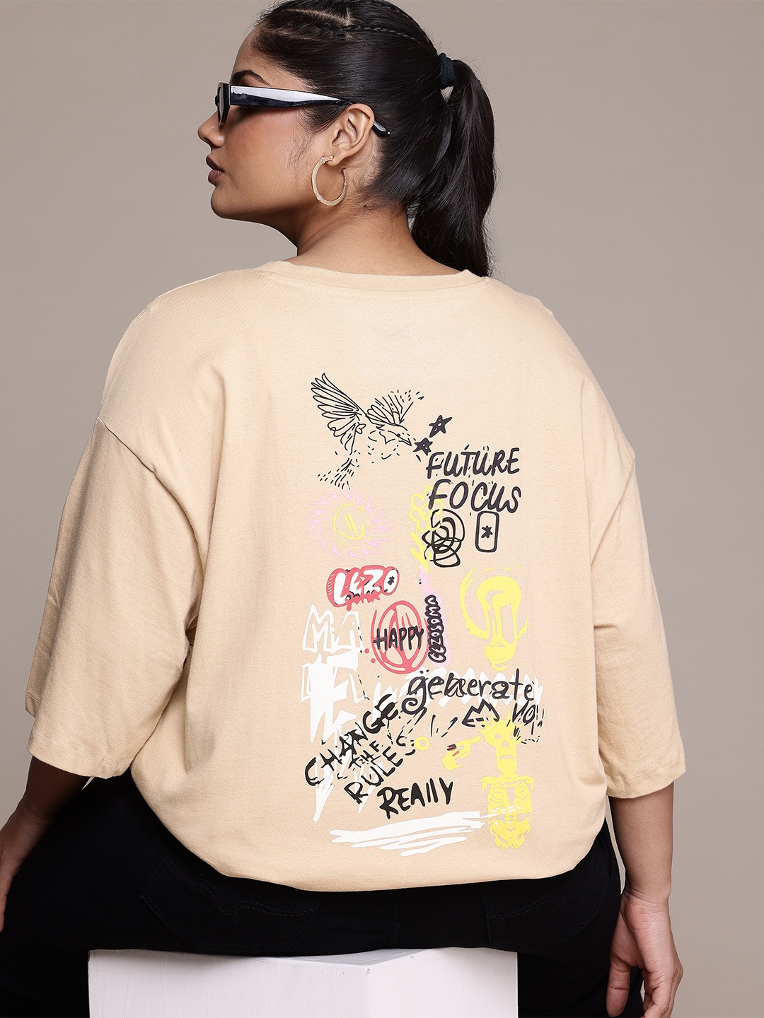 The Roadster Lifestyle Co. Plus Size Pure Cotton Printed T-shirt, Beige