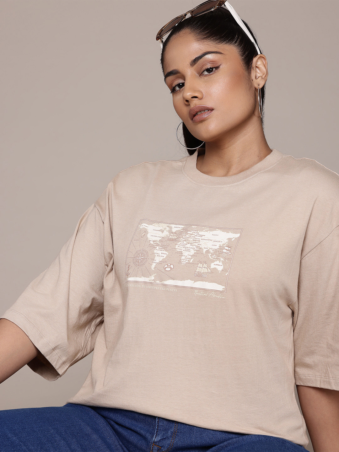 

The Roadster Lifestyle Co. Plus Size Printed Cotton Oversized T-shirt, Beige