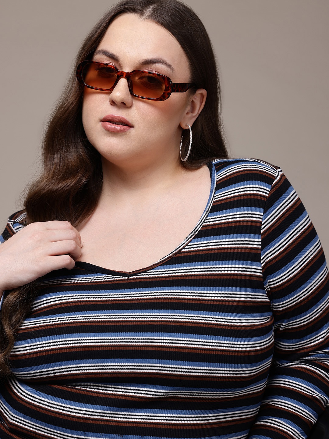 

The Roadster Lifestyle Co. Plus Size Striped V-Neck T-shirt, Black