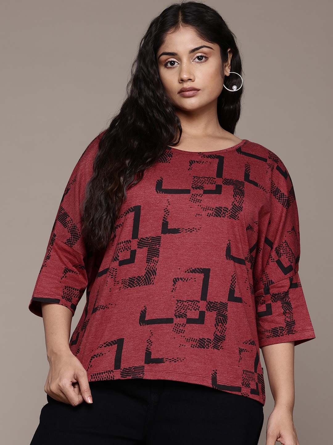 

The Roadster Lifestyle Co. Plus Size Printed Drop-Shoulder Sleeves T-shirt, Maroon