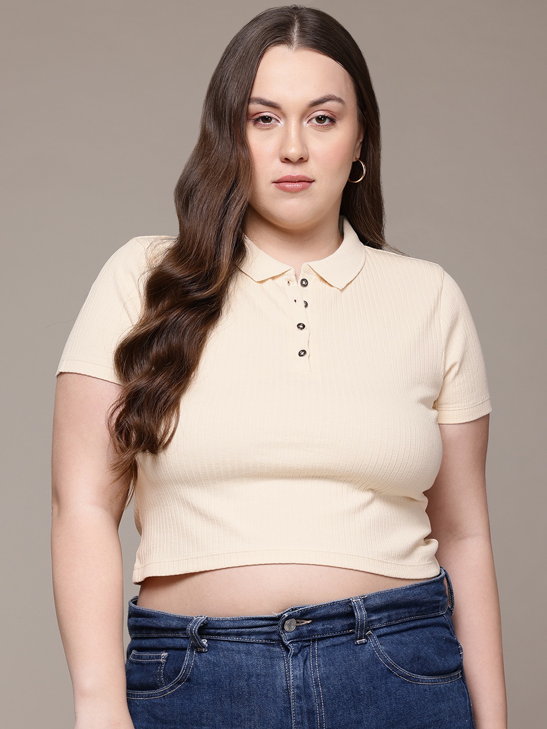 

The Roadster Lifestyle Co. Plus Size Ribbed Polo Collar T-shirt, Cream