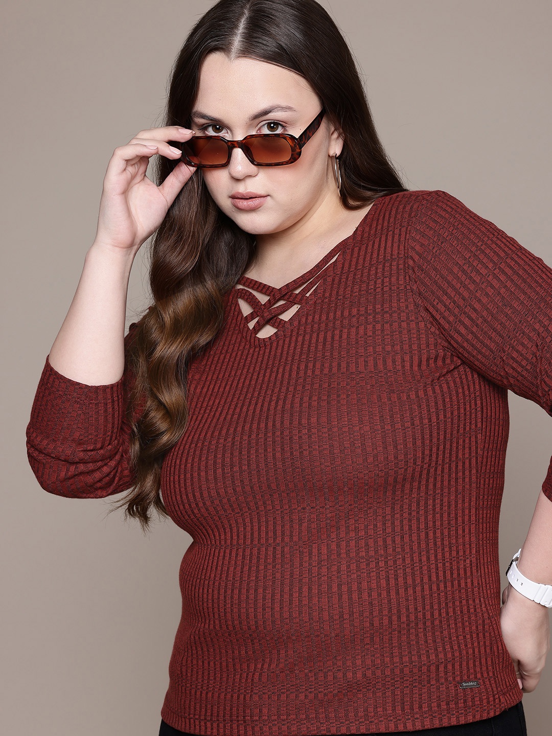 

The Roadster Lifestyle Co. Plus Size Criss-Cross Lace-Up Ribbed T-shirt, Maroon