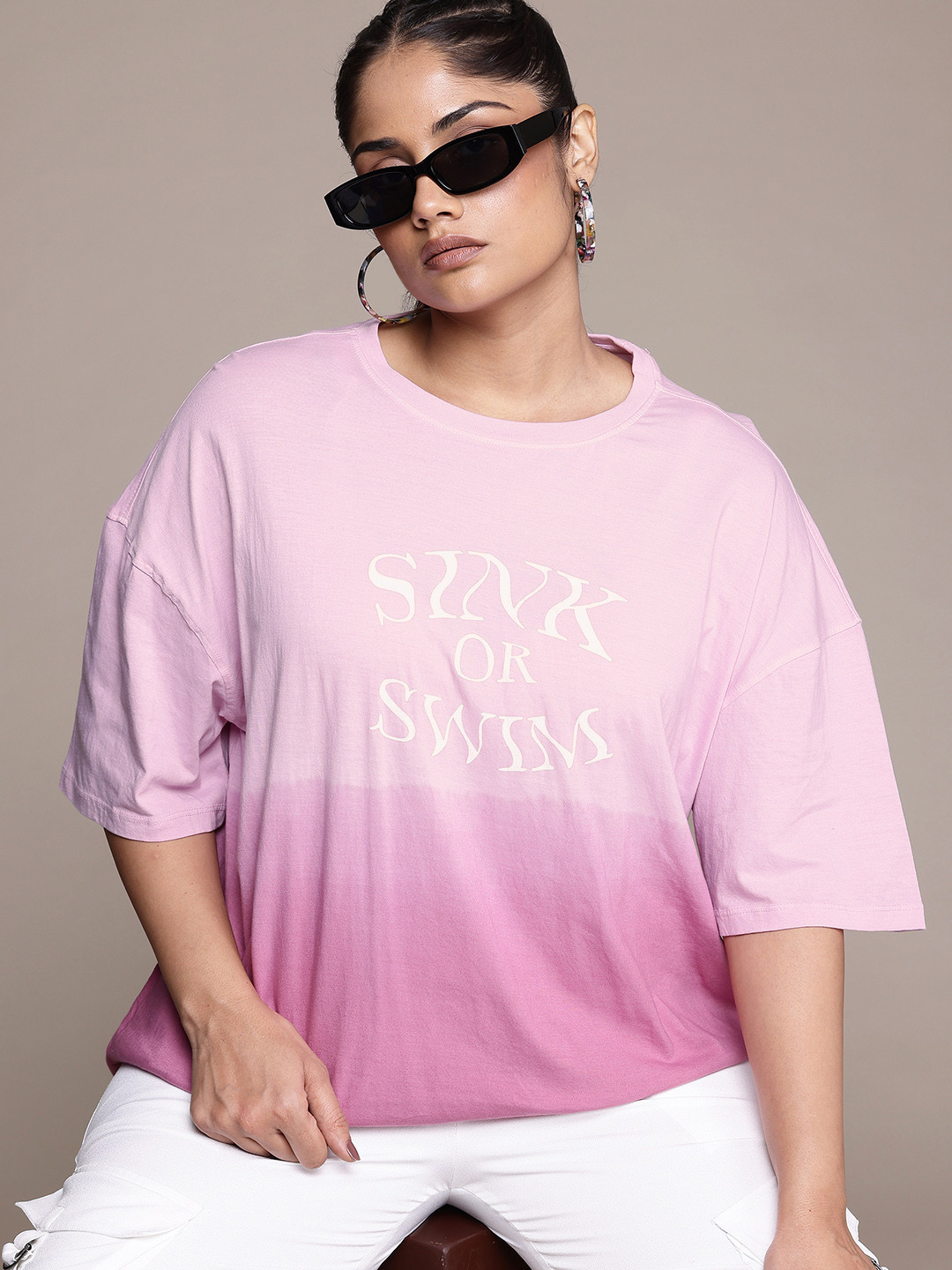 

The Roadster Lifestyle Co. Typography Print Drop-Shoulder Sleeves Pure Cotton T-shirt, Pink