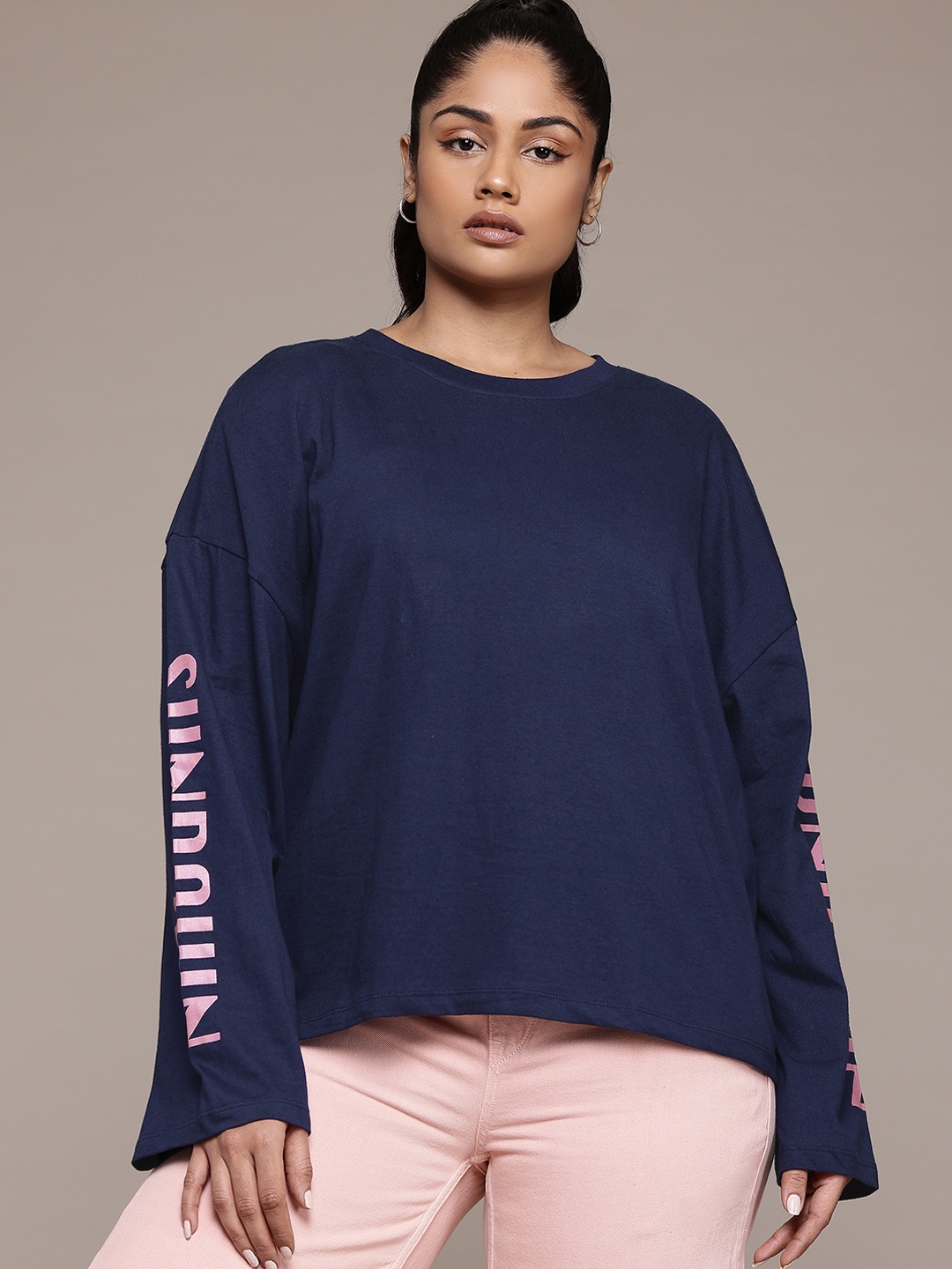 

The Roadster Lifestyle Co. Plus Size Printed Drop-Shoulder Sleeves Pure Cotton T-shirt, Navy blue