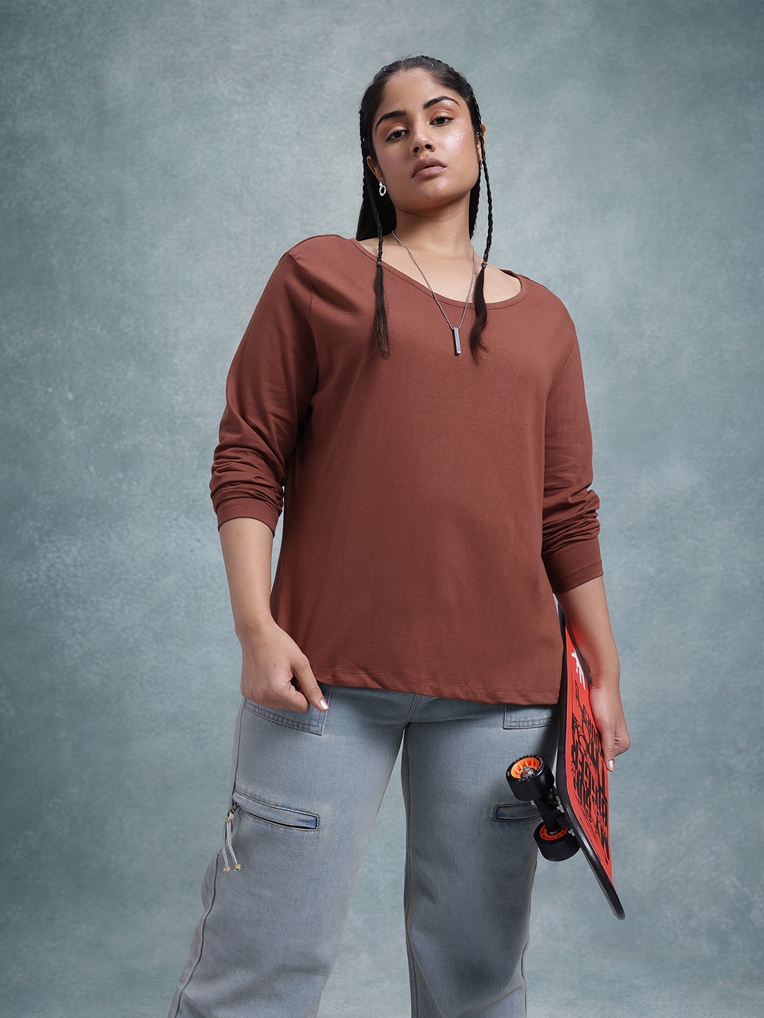 

The Roadster Life Co. Plus Size Drop-Shoulder Sleeves Pure Cotton T-shirt, Brown