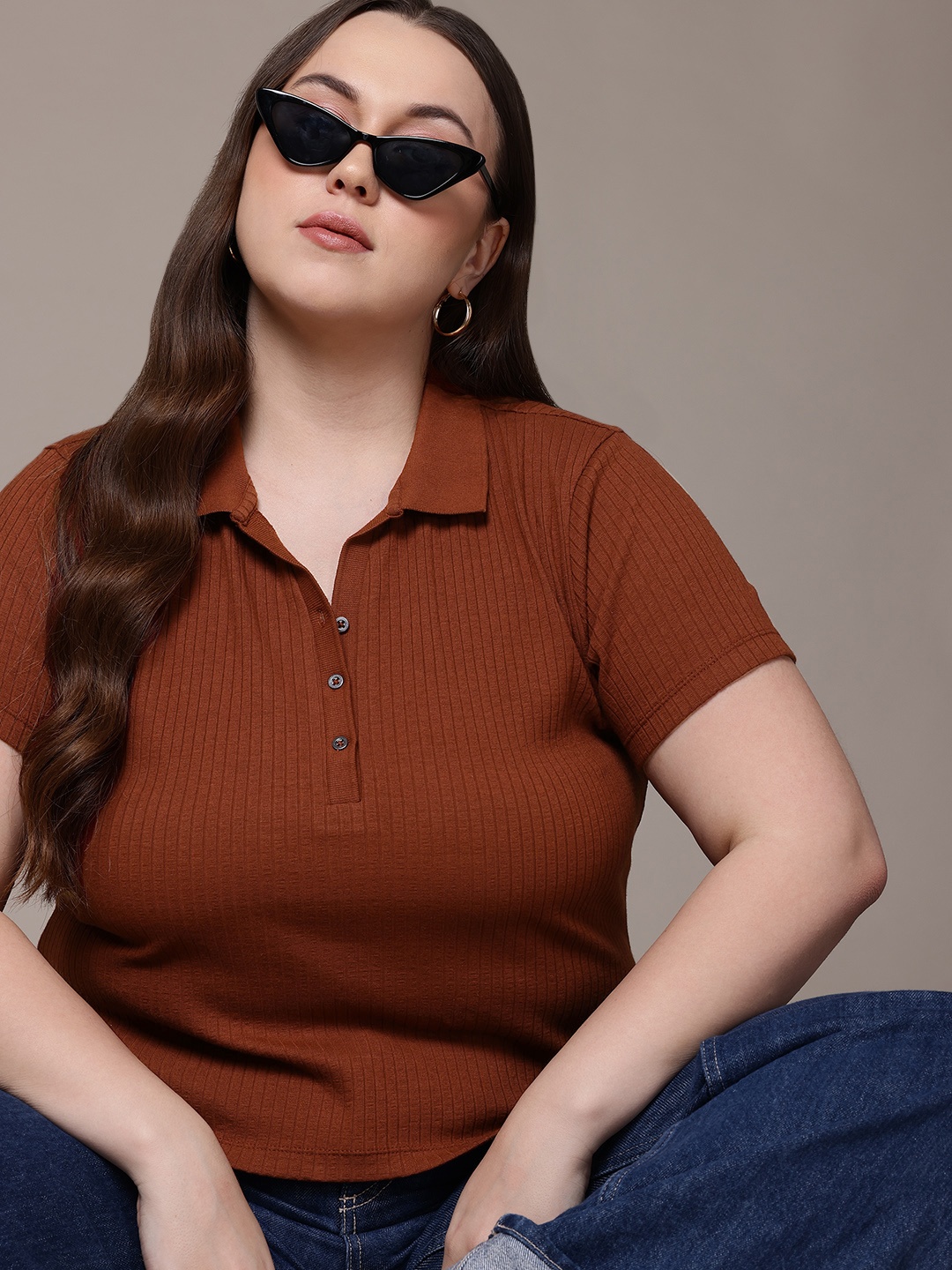 

The Roadster Lifestyle Co. Plus Size Ribbed Polo Collar T-shirt, Rust