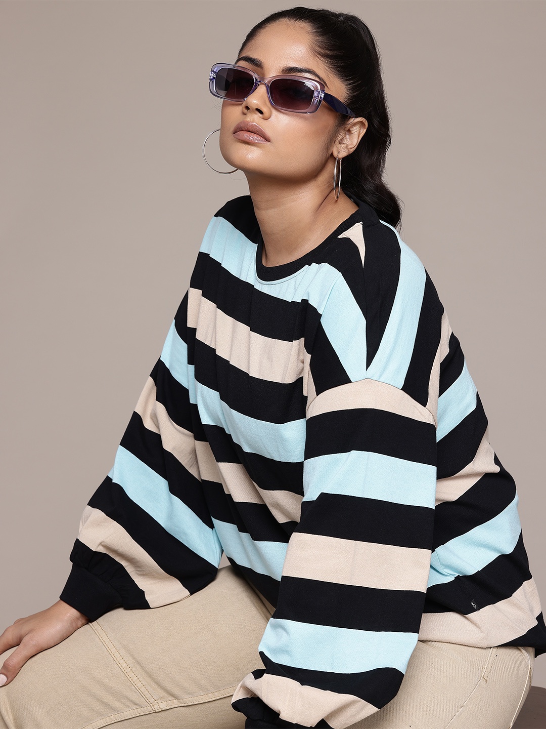 

The Roadster Lifestyle Co. Plus Size Striped Drop-Shoulder Sleeves Pure Cotton T-shirt, Black