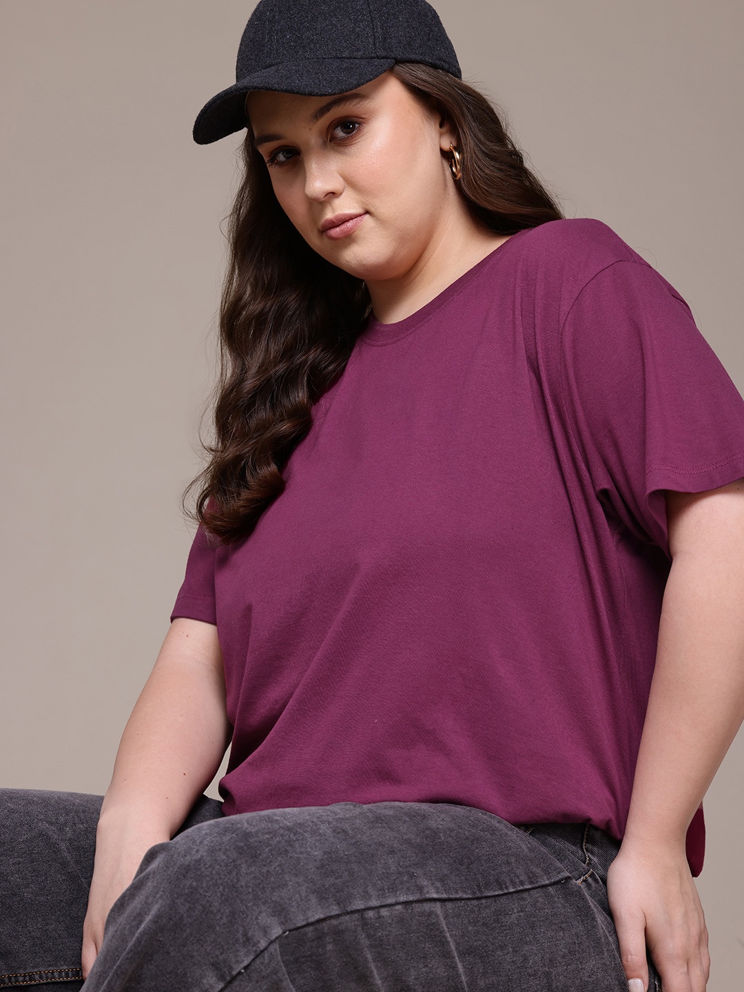 

The Roadster Life Co. Plus Size Drop-Shoulder Sleeves Relaxed Fit T-shirt, Burgundy