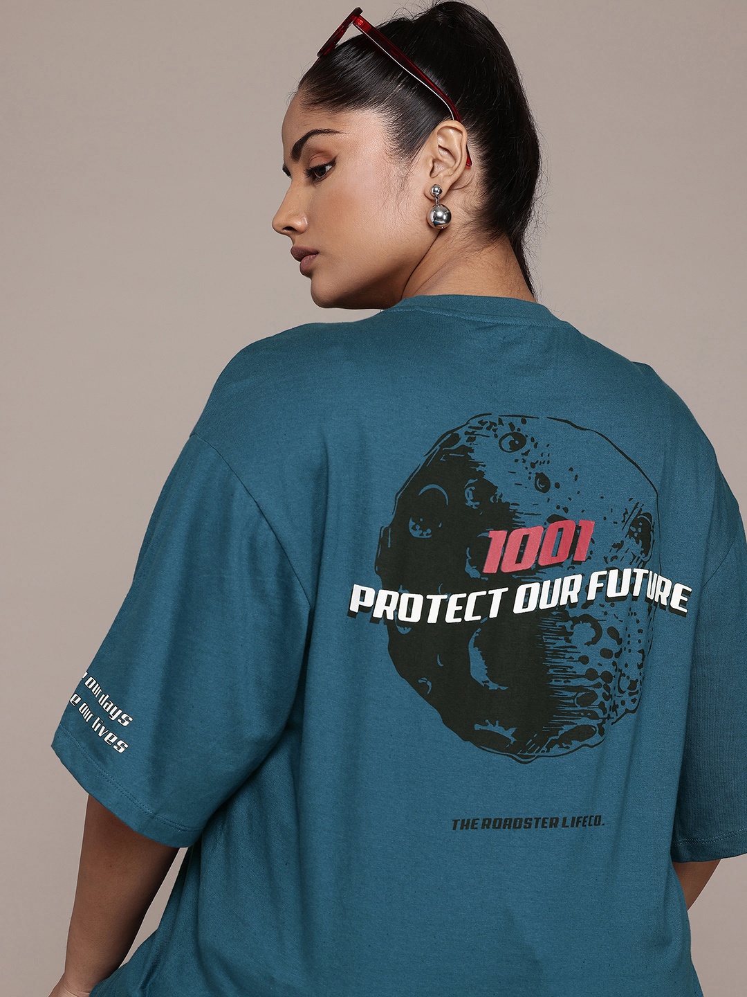 

The Roadster Lifestyle Co. Plus Size Printed Drop-Shoulder Sleeves Cotton Oversized Tshirt, Teal