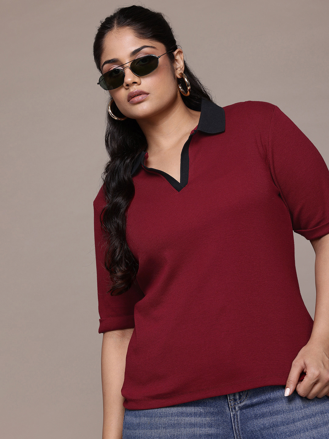 

The Roadster Lifestyle Co. Plus Size Ribbed Polo Collar T-shirt, Red