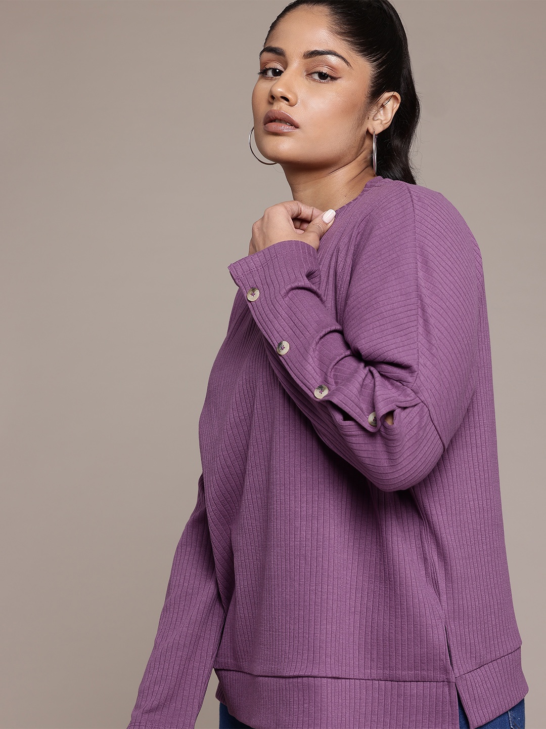 

The Roadster Lifestyle Co. Plus Size Ribbed Button Slit Sleeves Relaxed T-shirt, Purple