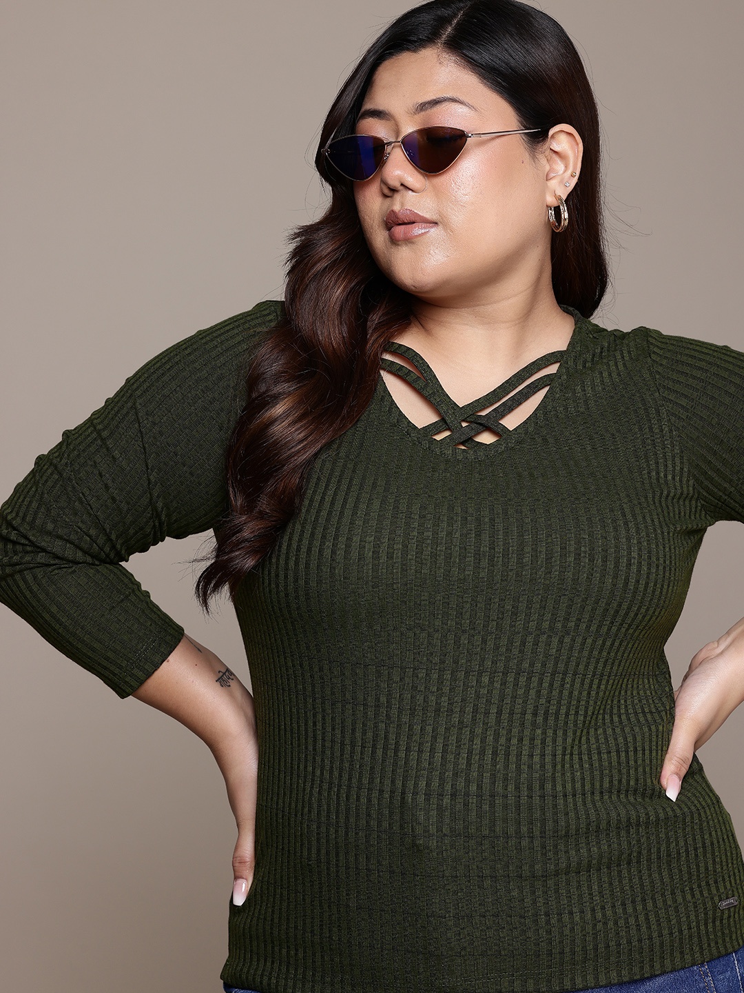 

The Roadster Lifestyle Co. Plus-Size Regular-Fit Ribbed Top, Olive