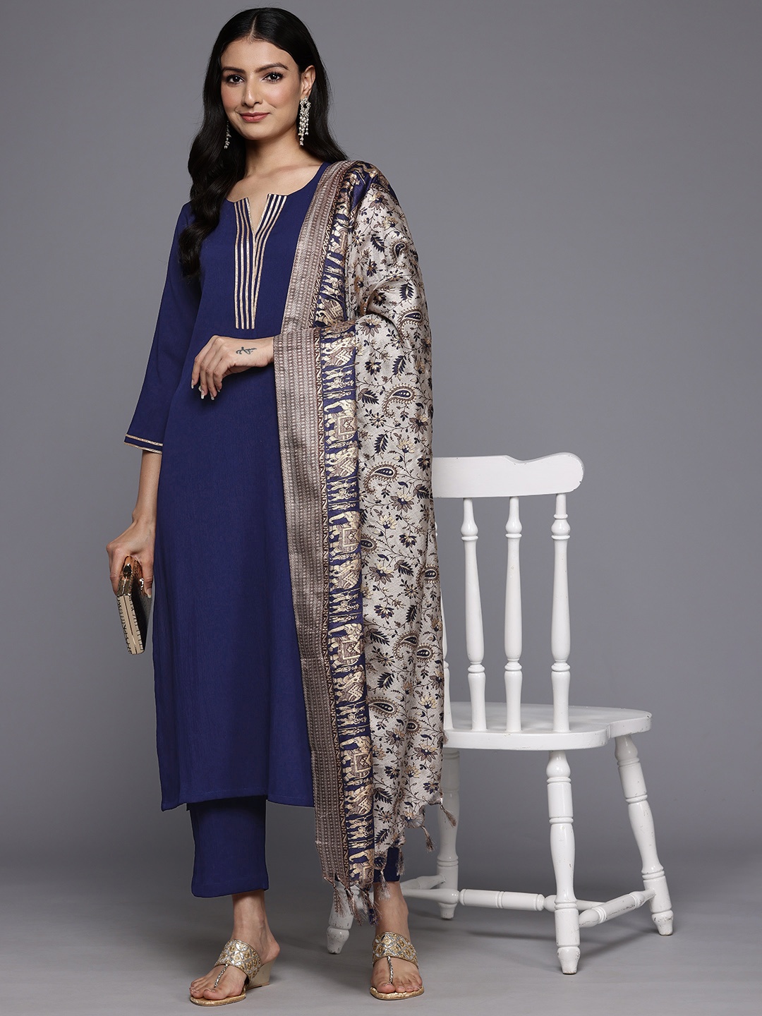 

Varanga Ethnic Gotta Patti Kurta With Trousers & Dupatta, Navy blue