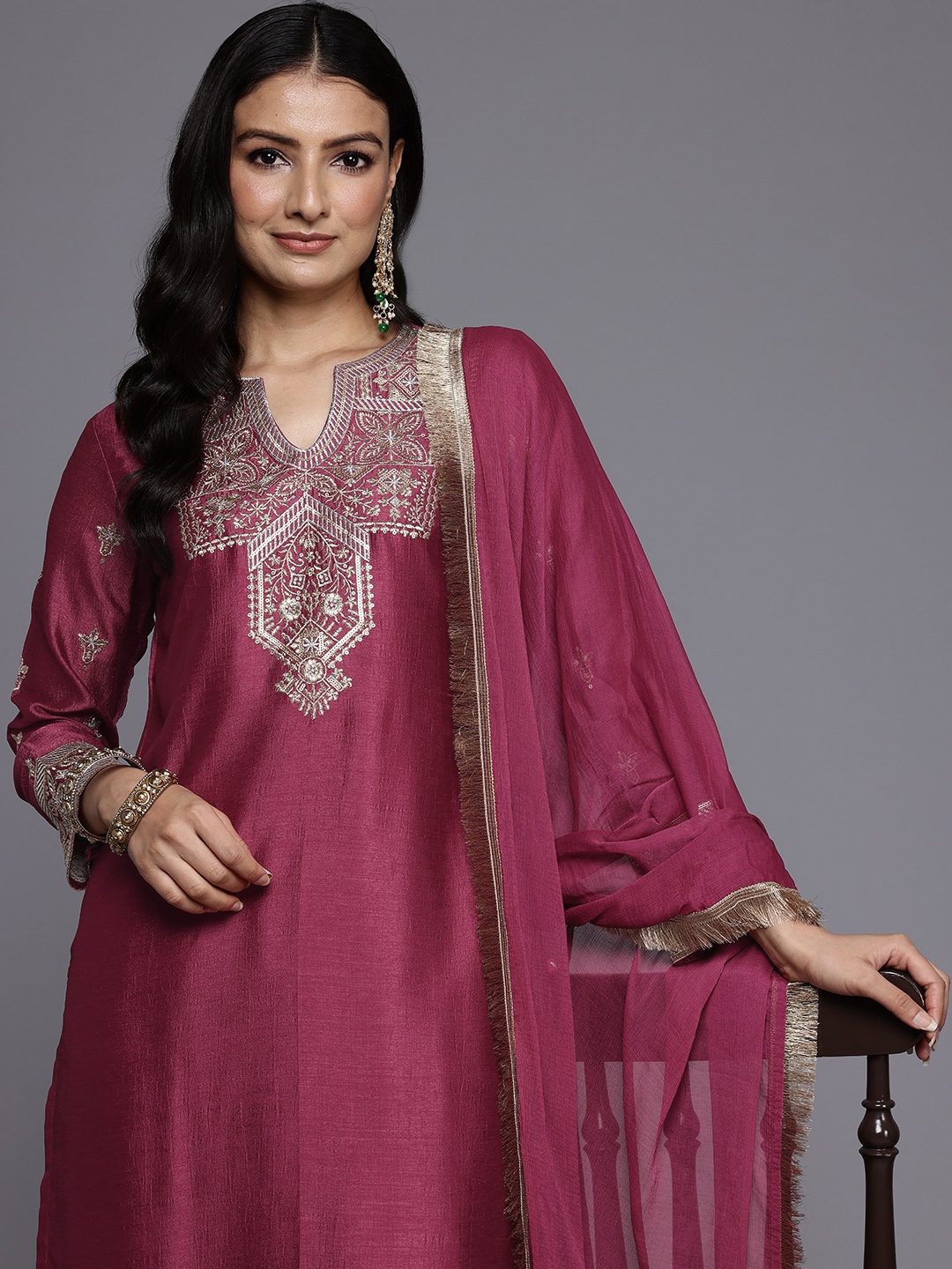 

Varanga Ethnic Motifs Embroidered Zari Kurta With Palazzos & Dupatta, Burgundy