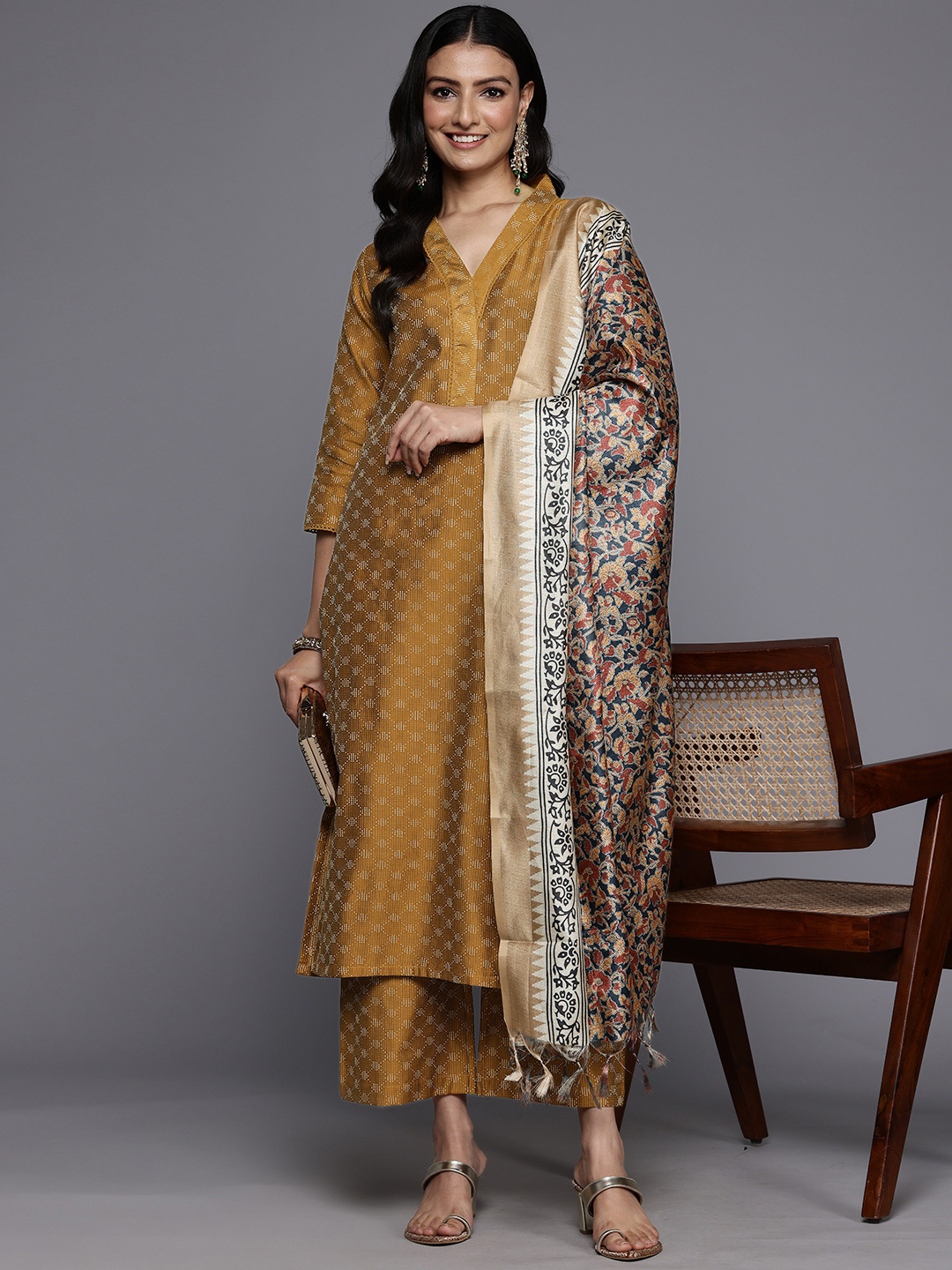 

Varanga Woven Design Kurta With Palazzos & Dupatta, Mustard