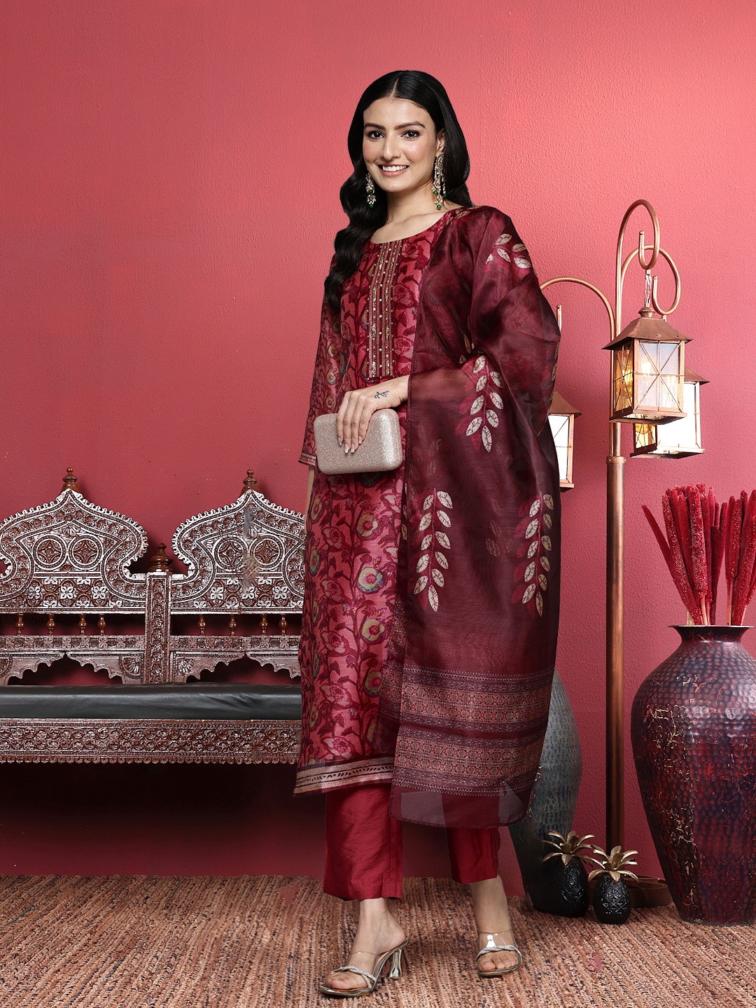 

Varanga Maroon Floral Printed Beads and Stones Straight Kurta with Trousers & Dupatta