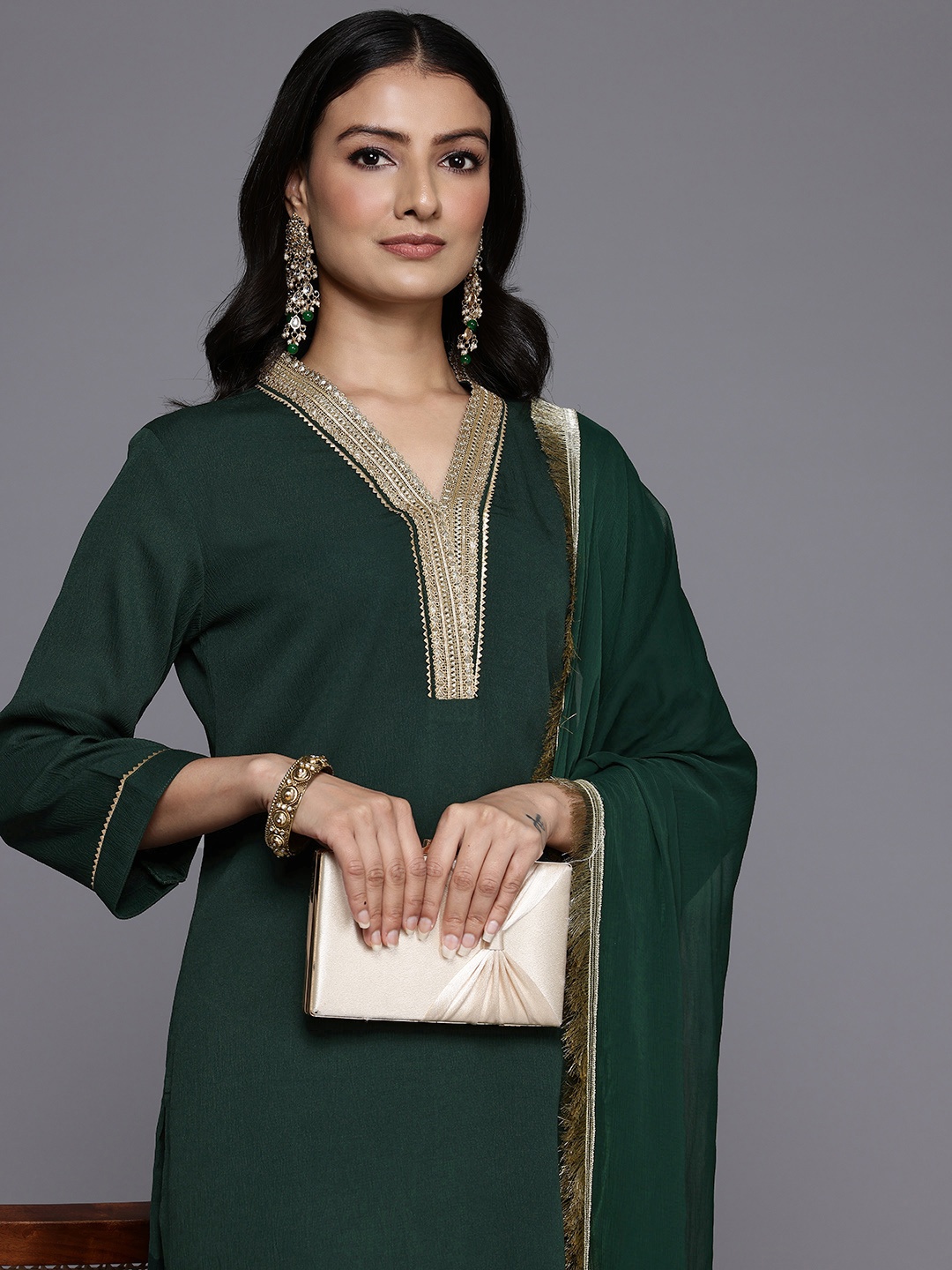 

Varanga Women Yoke Design Gotta Patti Kurta With Palazzos & Dupatta, Green