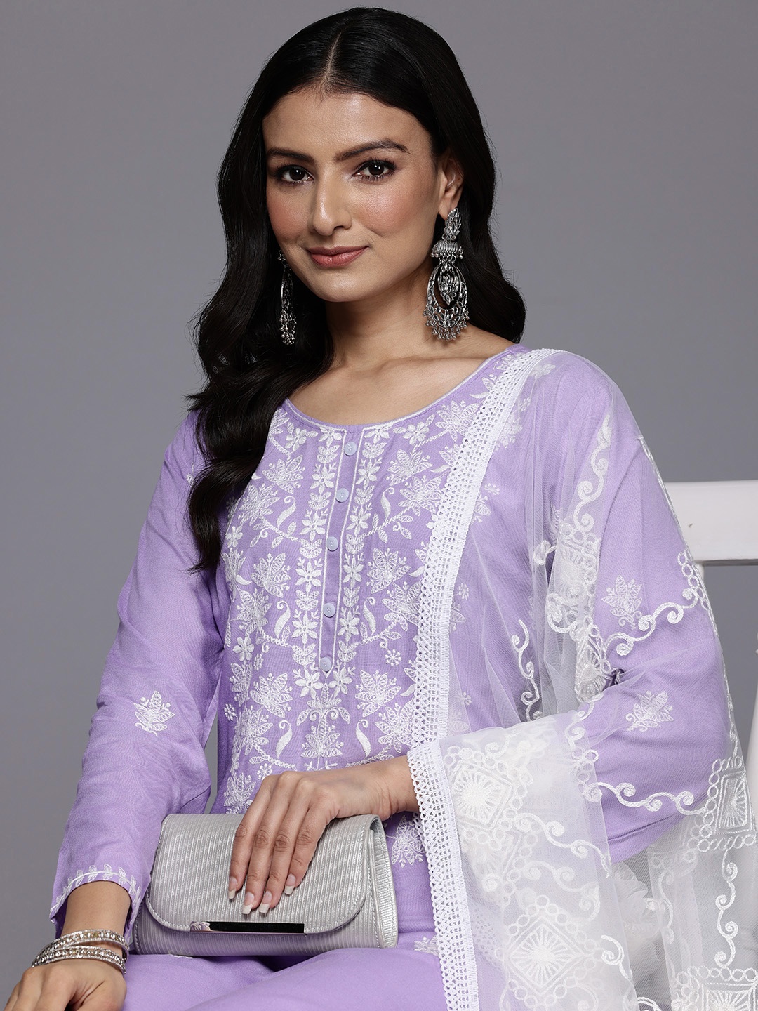 

Varanga Floral Embroidered Thread Work Kurta With Trousers & Dupatta, Lavender