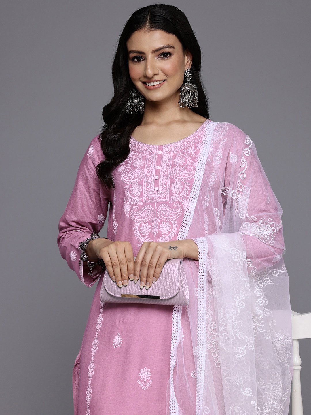 

Varanga Women Floral Chikankari Kurta With Trouser & Dupatta, Pink