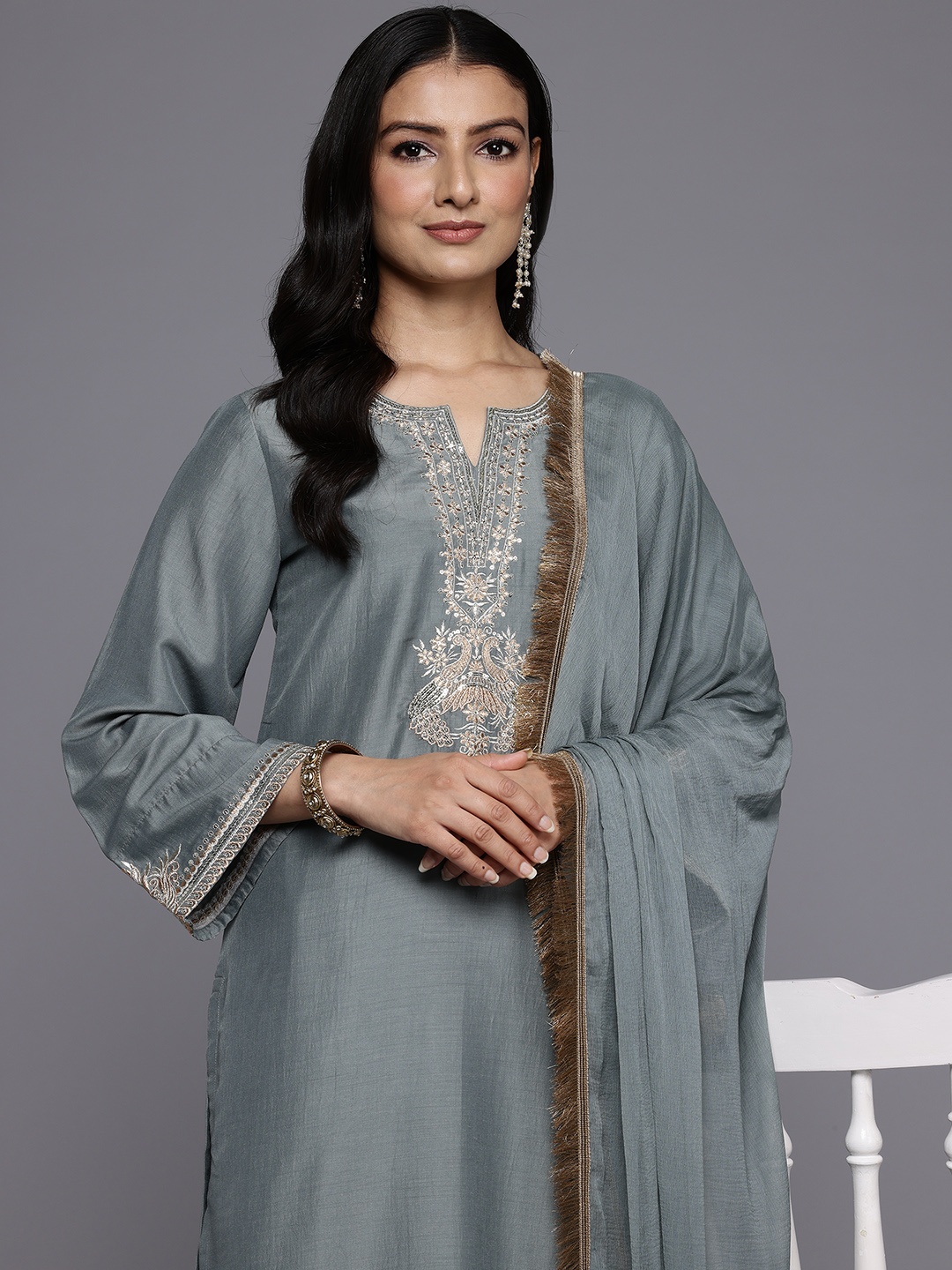 

Varanga Ethnic Motifs Embroidered Zari Kurta With Trousers & Dupatta, Grey