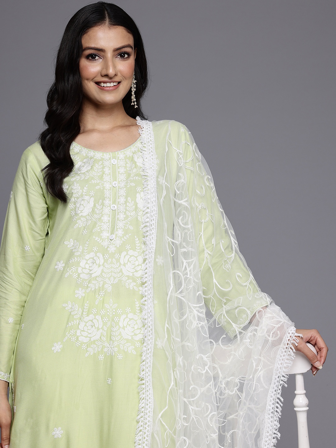 

Varanga Floral Embroidered Chikankari Kurta With Trousers & Dupatta, Green