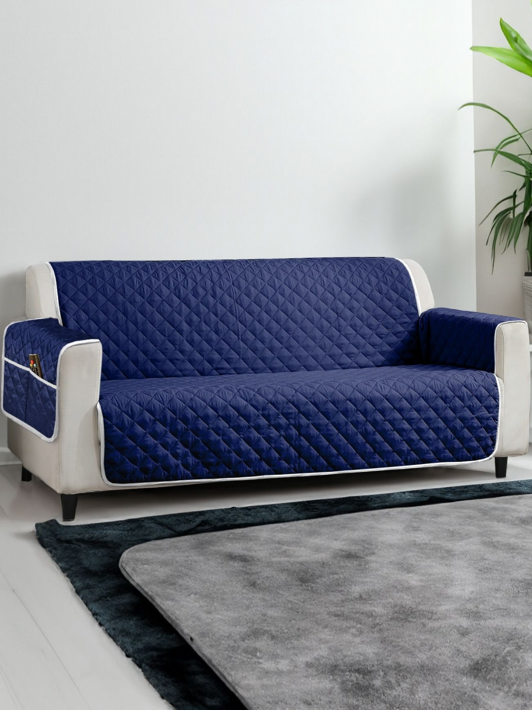 

Cortina Navy Blue Solid Polyester 1 Piece Sofa Cover With Arms