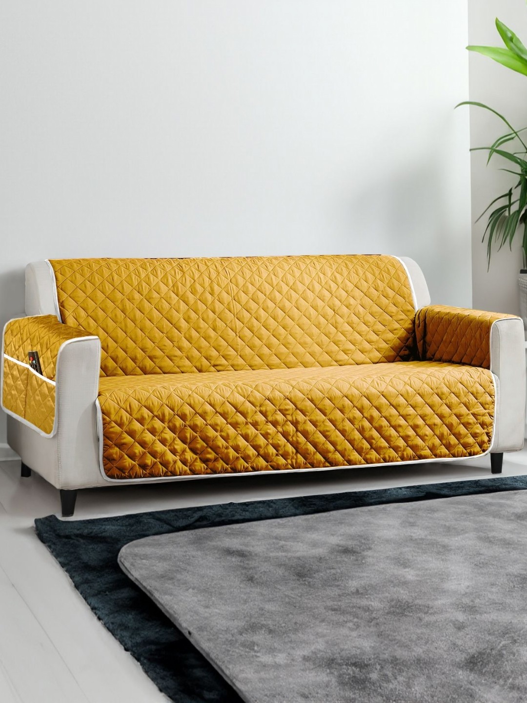 

Cortina Yellow & Brown Reversible 3 Seater Sofa Cover With Arms, Mustard