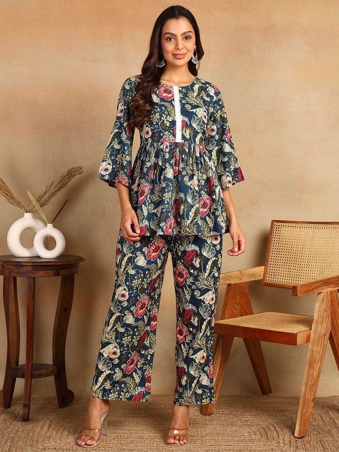 

mokshi Printed Round-Neck Tunic With Trouser Co-Ords, Blue