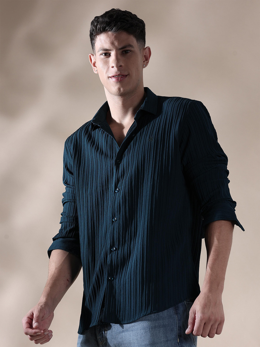 

SORATIA Men Opaque Striped Casual Shirt, Teal