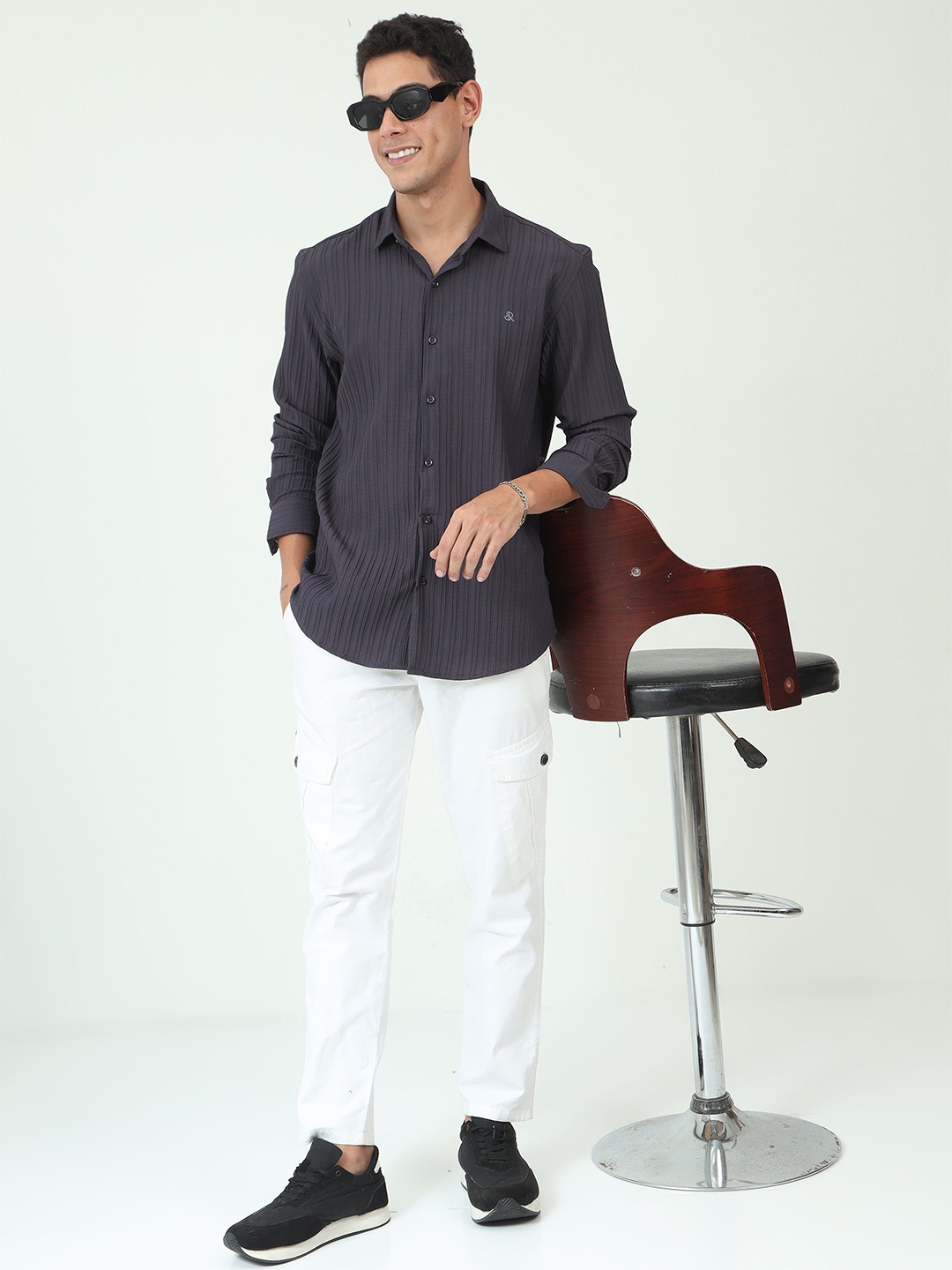 

SORATIA Men Opaque Striped Casual Shirt, Charcoal