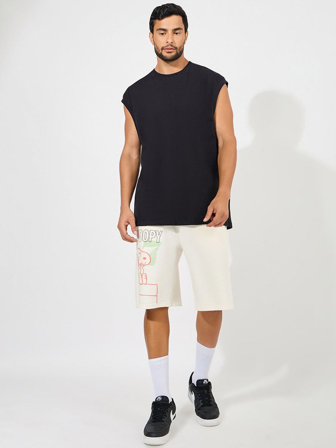 Styli Men Snoopy Graphic Printed Oversized Terry Shorts, Cream