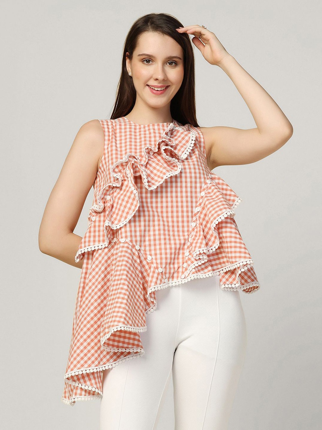 

LELA Checked Cotton Top, Peach