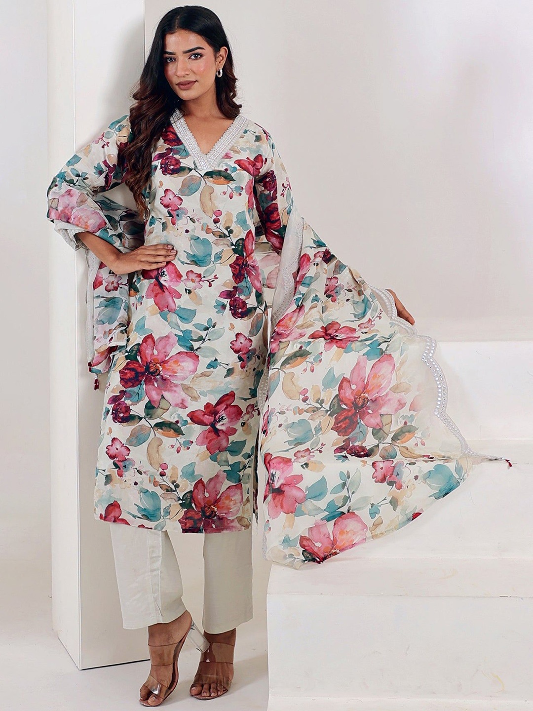 

KALINI Women Floral Embroidered Regular Kurti with Trousers & With Dupatta, White