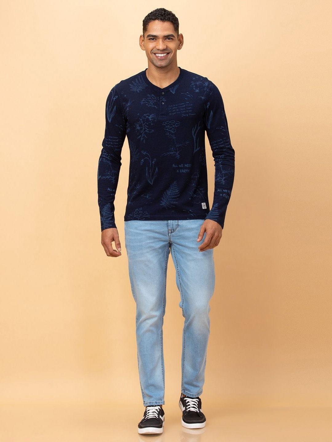 

Being Human Men Printed Henley Neck Raw Edge T-shirt, Purple