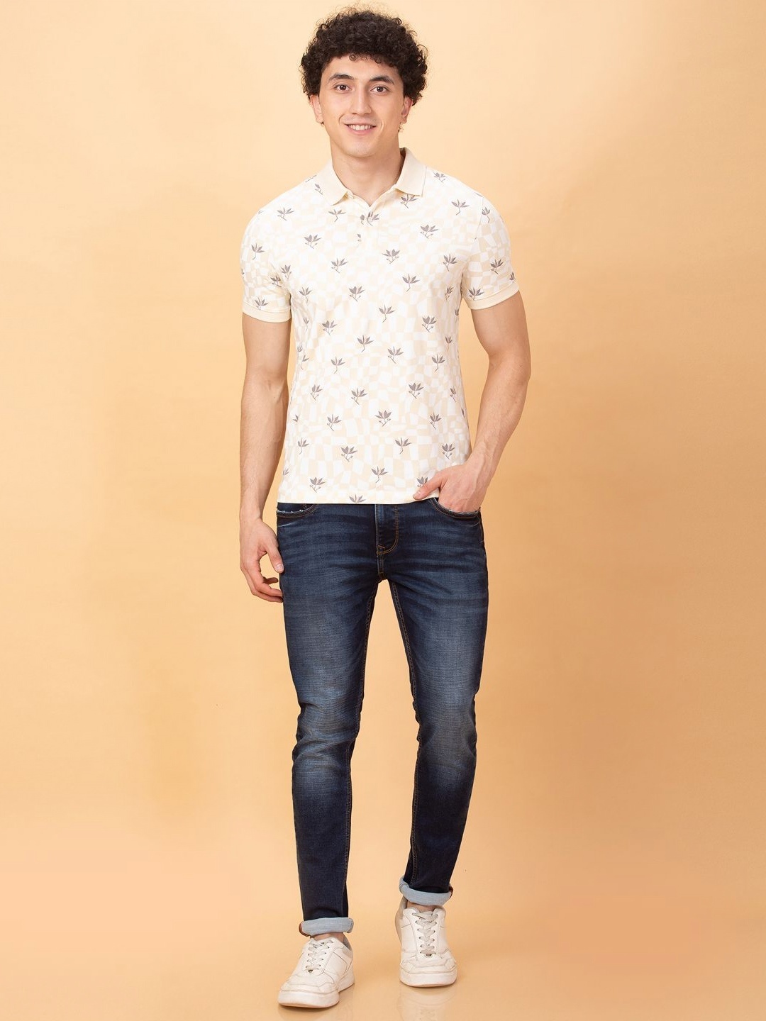 

Being Human Men Floral Printed Polo Collar Applique T-shirt, White