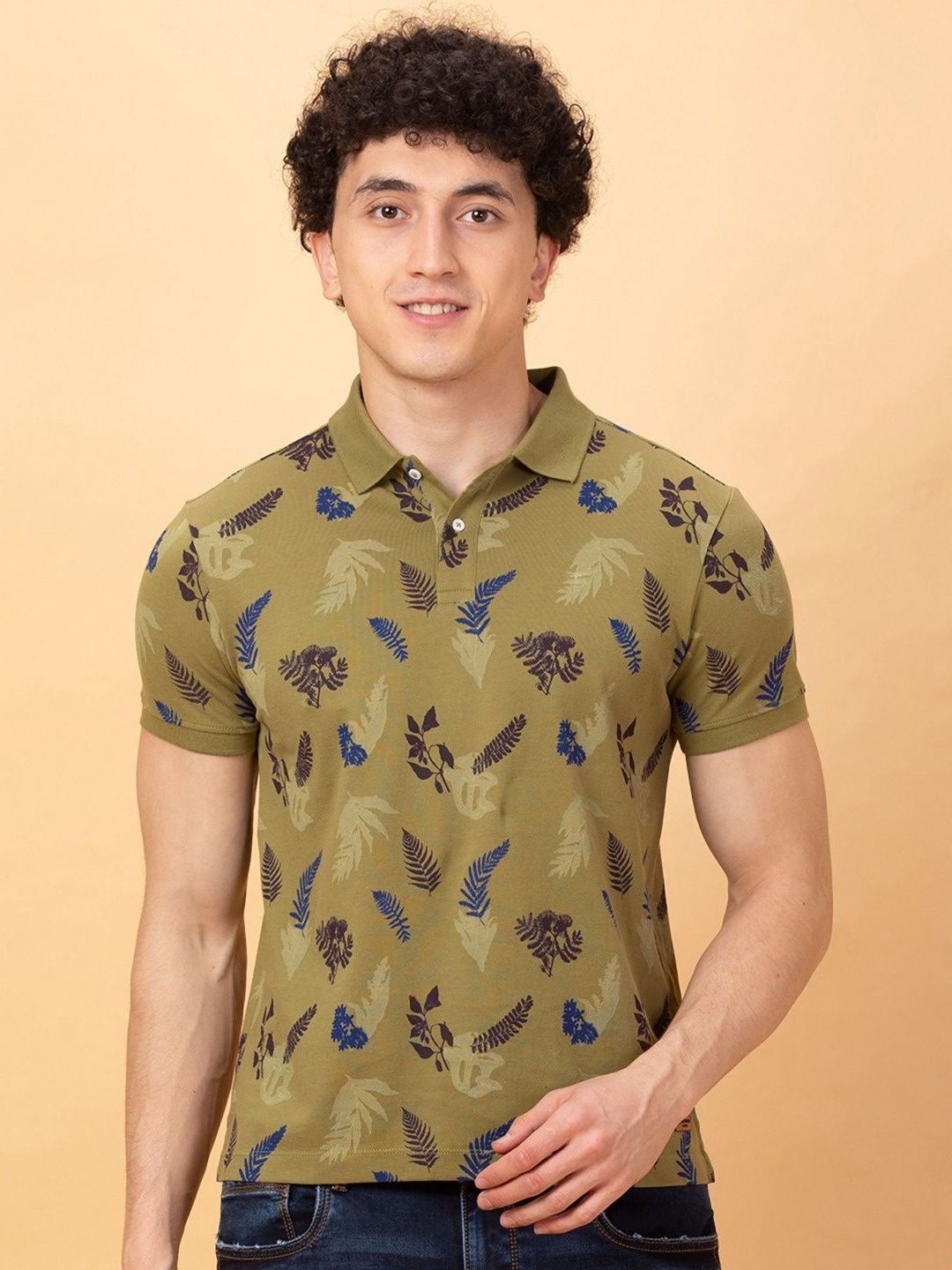 

Being Human Men Floral Printed Polo Collar Applique T-shirt, Green