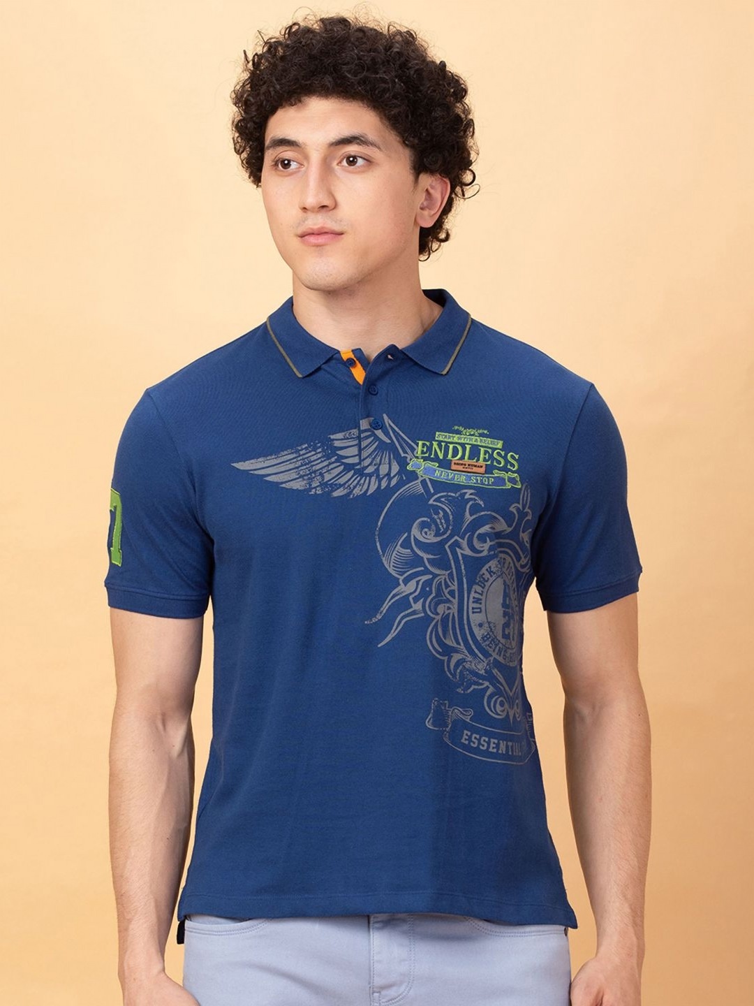 

Being Human Men Printed Polo Collar Applique T-shirt, Blue