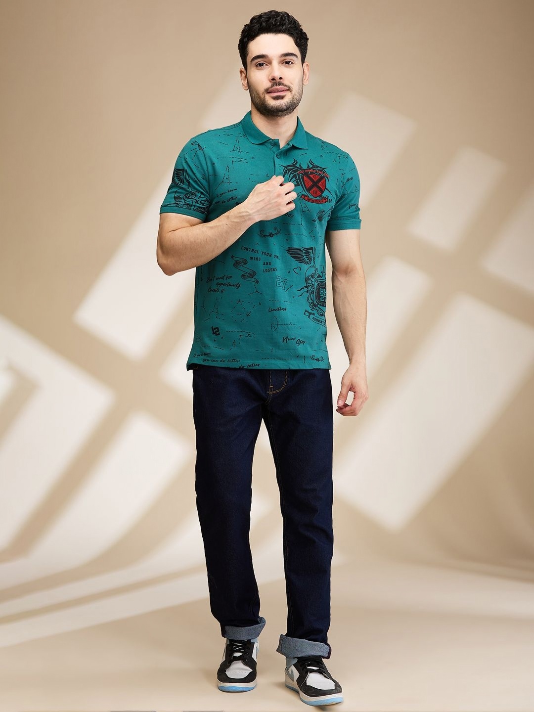 

Being Human Men Printed Polo Collar Applique T-shirt, Green