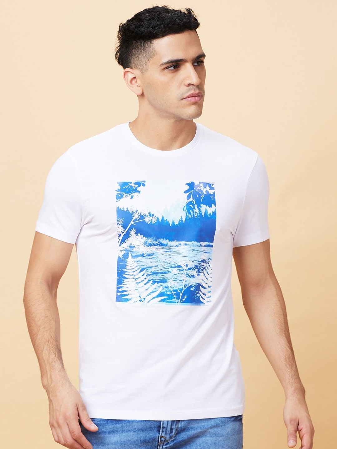 

Being Human Men Floral Printed Henley Neck Tropical T-shirt, White