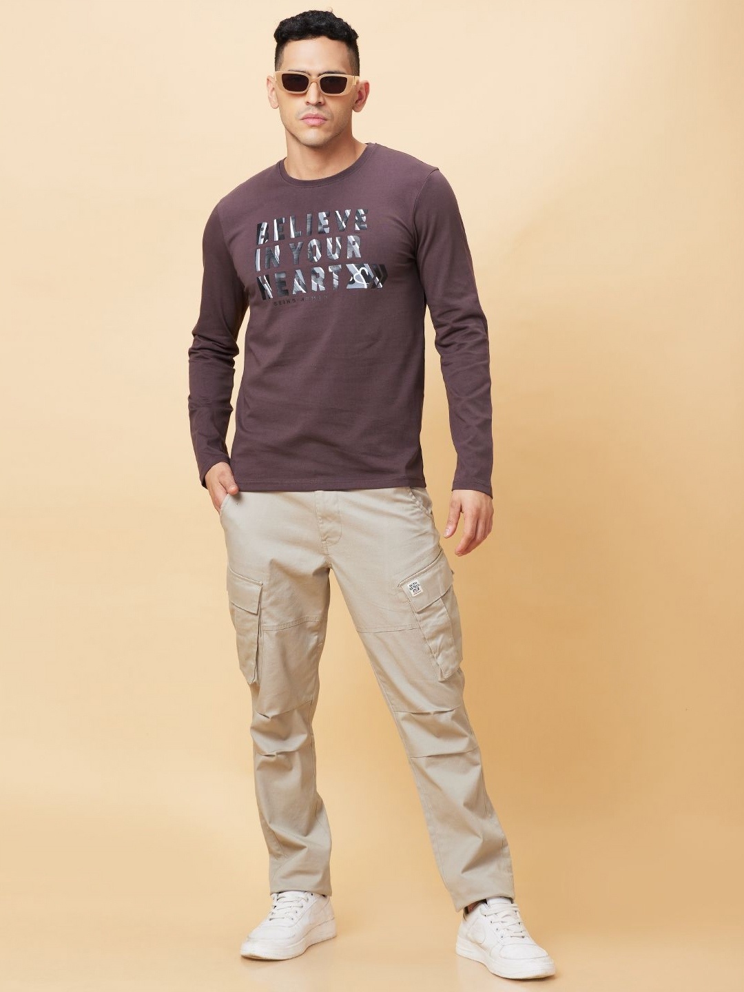 

Being Human Men Varsity Printed Henley Neck Applique T-shirt, Brown