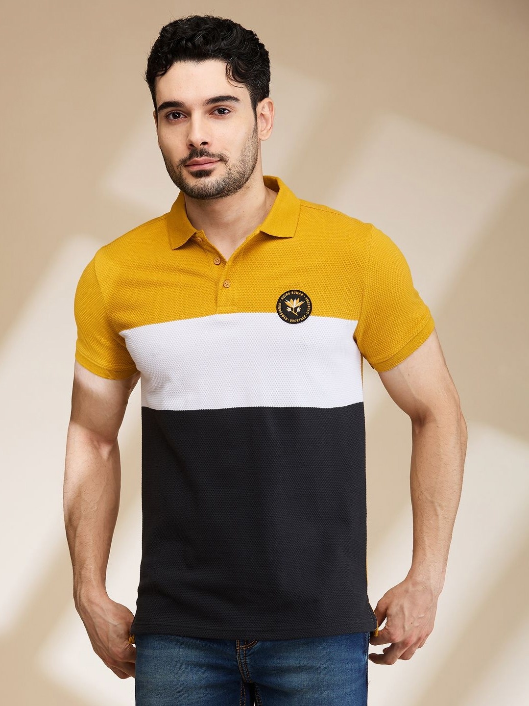 

Being Human Men Polo Collar Applique T-shirt, Yellow